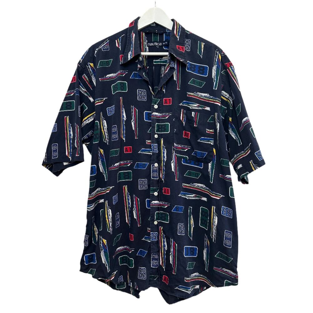Vintage 90s Nautica Short Sleeve Button Down Collared Shirt Boat Sailing Preppy